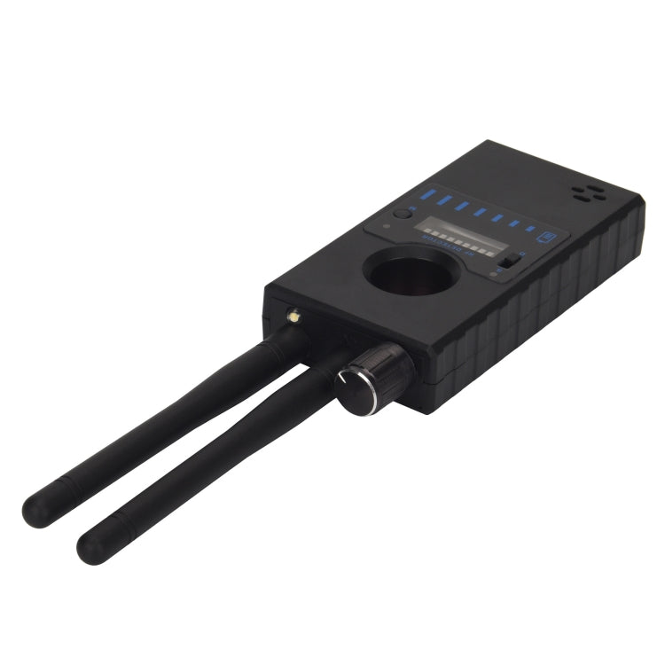 Compact wireless signal detector with two antennas and side indicator window