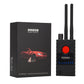Wireless signal detector unit with two antennas and red button, shown with box