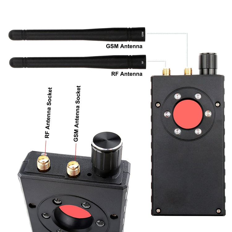 RF detector front with red circular button, two antenna sockets and antennas