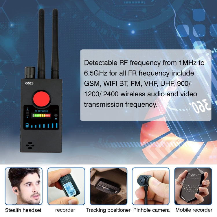 Wireless RF detector with dual antennas, blue LED bar indicator and red button