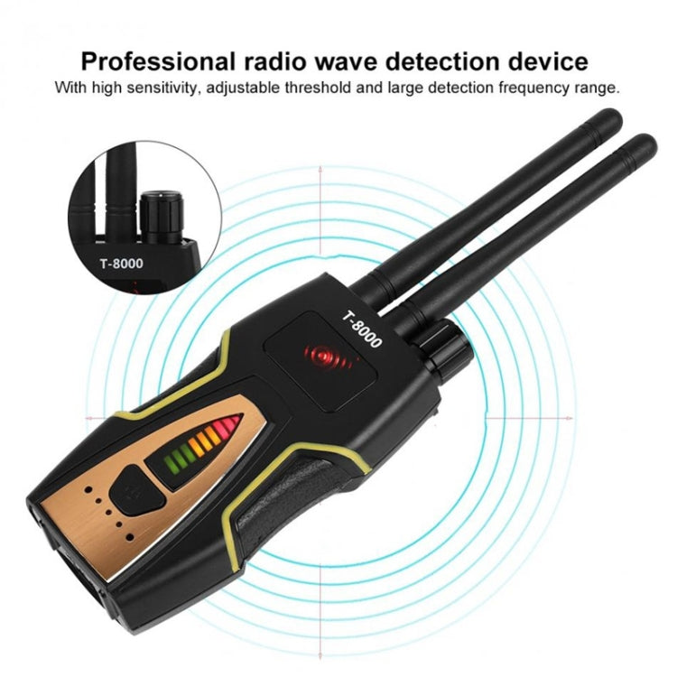 T-8000 RF signal detector angled view with display window, red LED, and two antennas