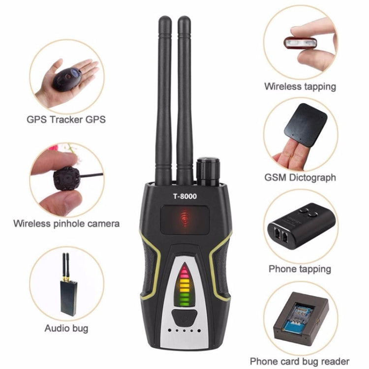 T-8000 RF signal detector with red indicator, green bar screen, and two antennas