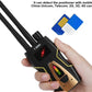 Handheld T-8000 RF signal detector with wood-look panel, red LED, and two antennas