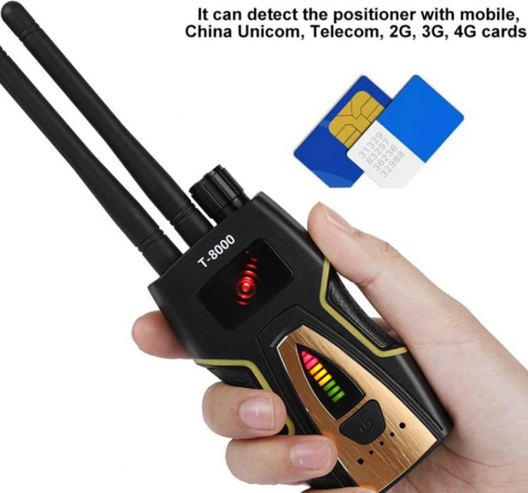 Handheld T-8000 RF signal detector with wood-look panel, red LED, and two antennas