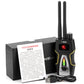 T-8000 RF signal detector with dual antennas, red LED, and included charging cable
