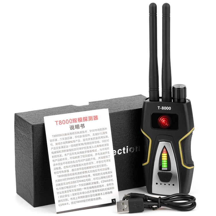 T-8000 RF signal detector with dual antennas, red LED, and included charging cable