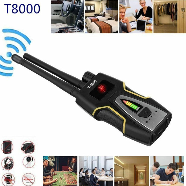 T-8000 RF signal detector with long antennas, red LED button, and green bar meter