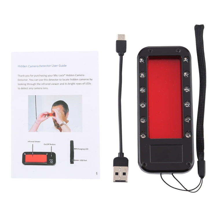 Infrared lens detector device with red display, USB cable, and black carrying strap