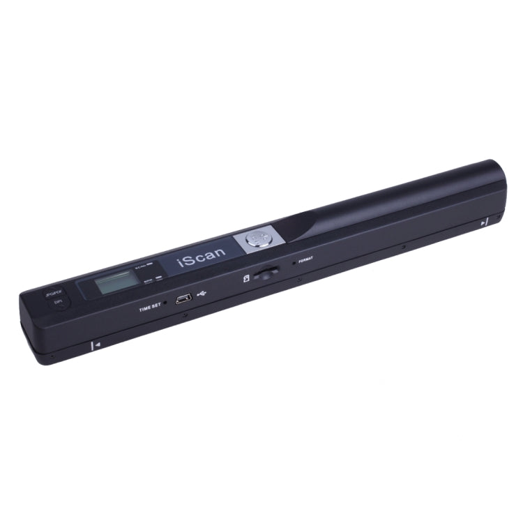 Black handheld document scanner with LED screen and navigation buttons on top