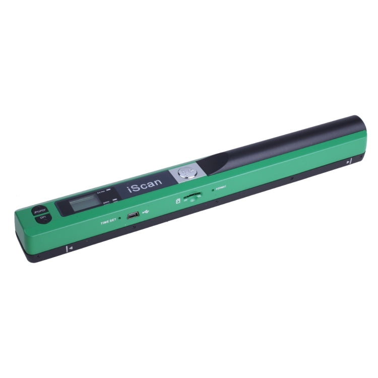 Green handheld document scanner with LED display and front ports