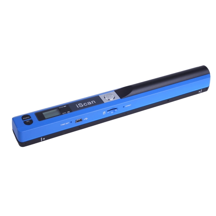 Blue handheld document scanner with LED display and control buttons