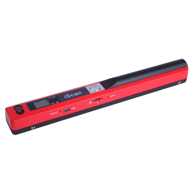Red handheld document scanner angled view with LED display and control buttons
