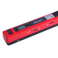 Red handheld document scanner close-up of top panel with LED screen and controls
