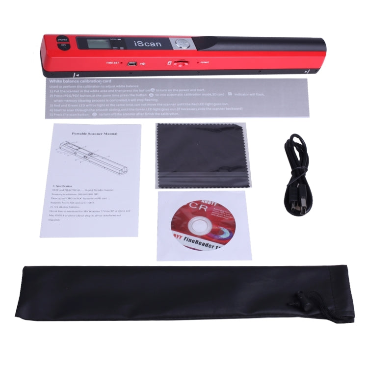 Red handheld document scanner kit with pouch, cable, and accessory bundle