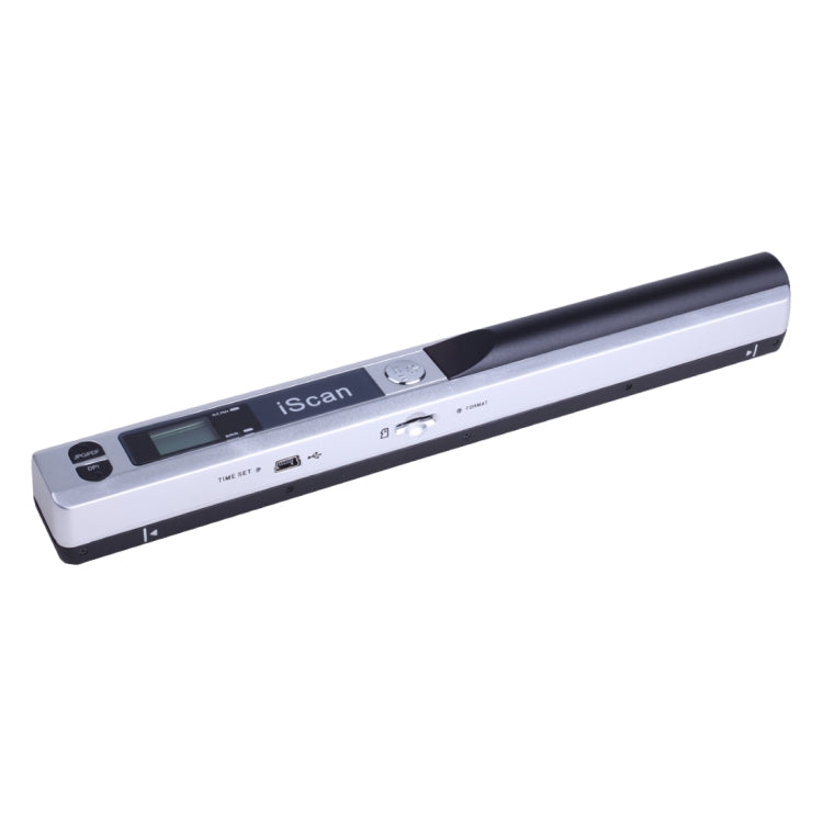 Silver handheld document scanner with LED display and front control buttons