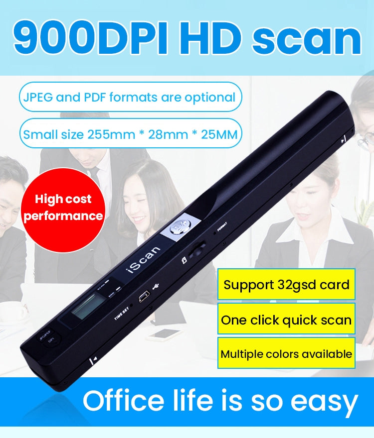 Black handheld document scanner in promotional layout with LED screen and ports