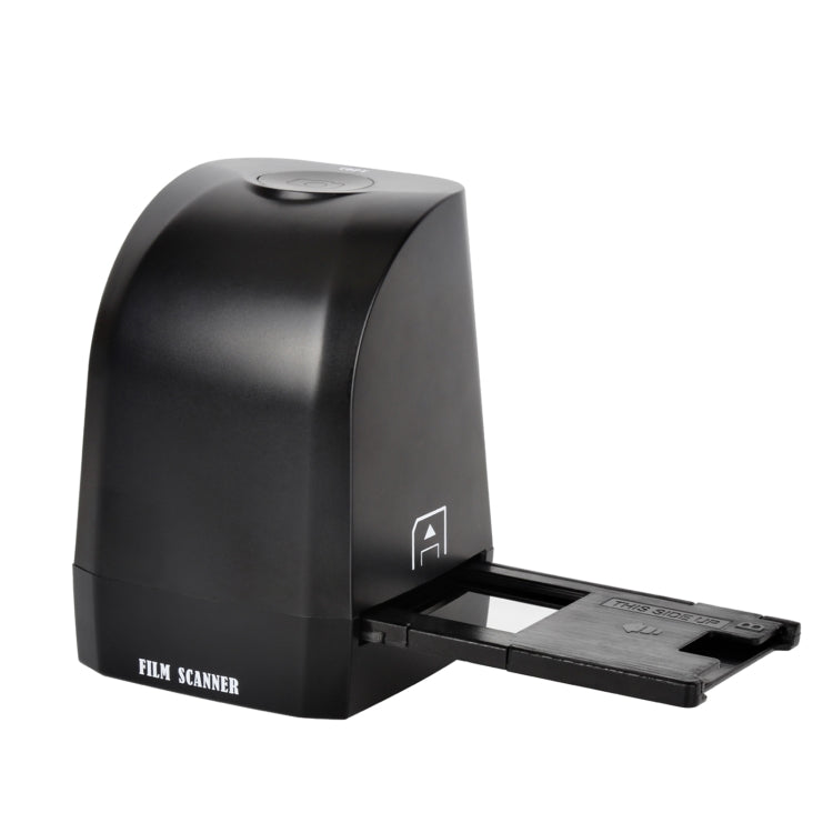 Black film scanner with open slide tray and film loading slot
