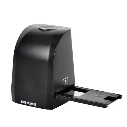 Black film scanner with open slide tray and film loading slot