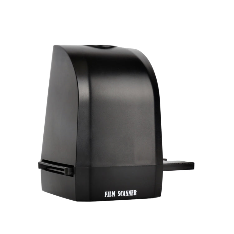 Black film scanner side view with film slot and base