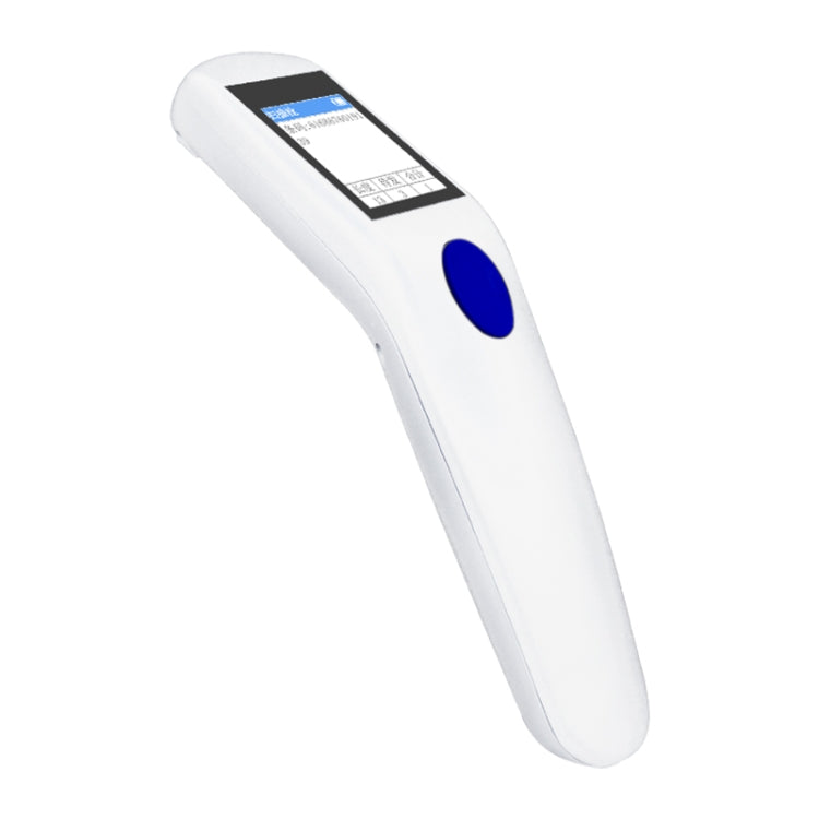 White handheld wireless 1D/2D barcode scanner with blue trigger button and display