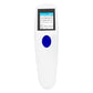 White handheld barcode scanner with lit screen and blue circular trigger button