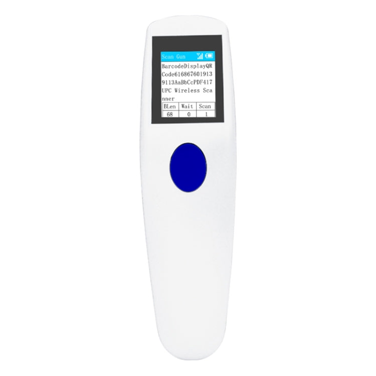 White handheld barcode scanner with lit screen and blue circular trigger button