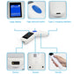 White barcode scanner with blue trigger button, showing display, sensor, and handle