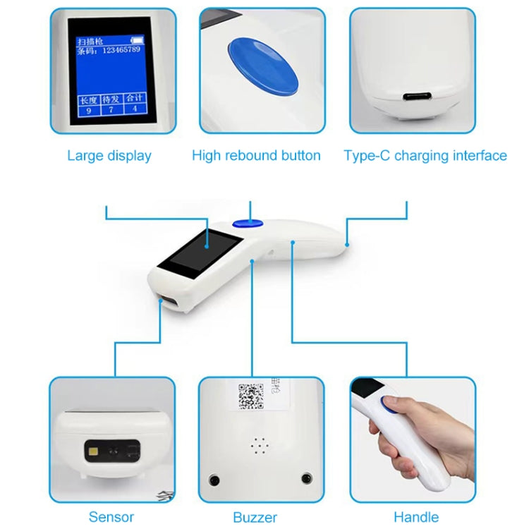 White barcode scanner with blue trigger button, showing display, sensor, and handle