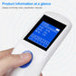 White handheld barcode scanner close-up with blue trigger button and barcode display