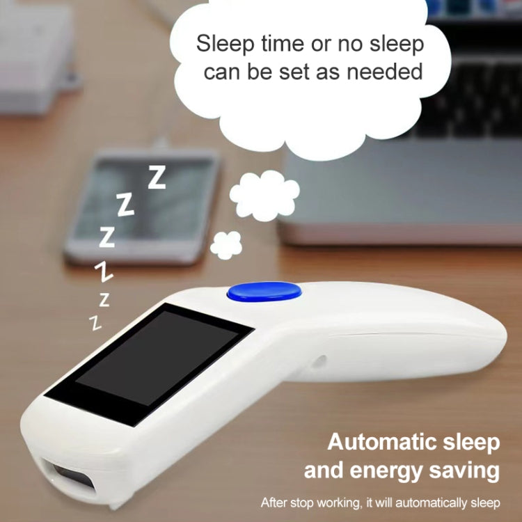 White handheld barcode scanner with blue top button and angled scanning head