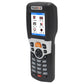 Handheld black barcode scanner with LCD display and arrow/keypad controls.