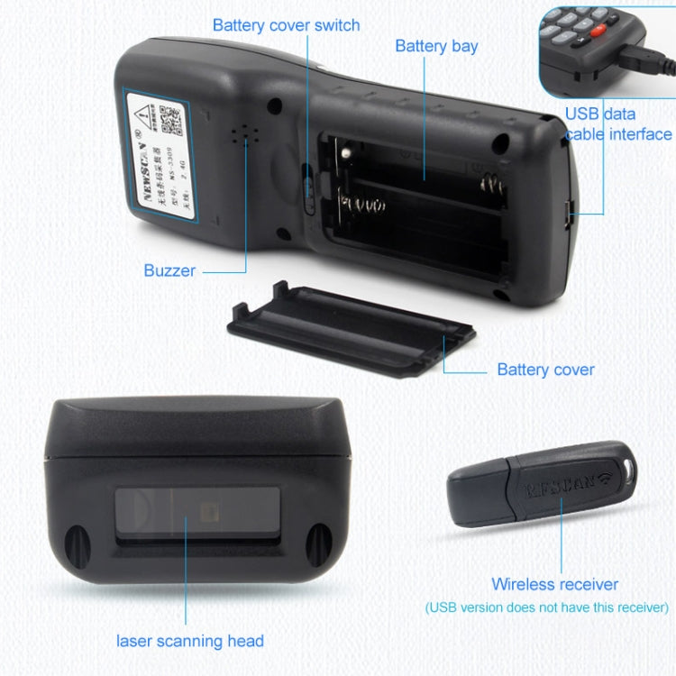 Barcode scanner back panel with battery bay, buzzer, and USB data port area.