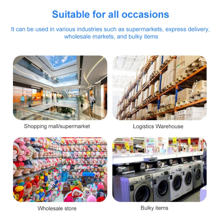 Four panels showing barcode scanner use in retail, warehouse, and logistics settings.