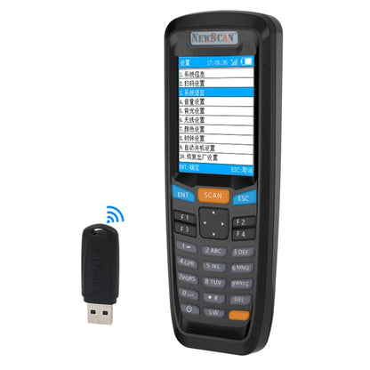 Handheld wireless 2D barcode scanner with blue screen and orange SCAN button