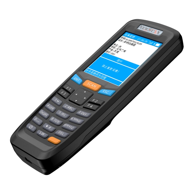Handheld 2D barcode scanner angled view with keypad and blue display