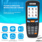 Handheld wireless 2D barcode scanner with keypad, screen, and orange SCAN button