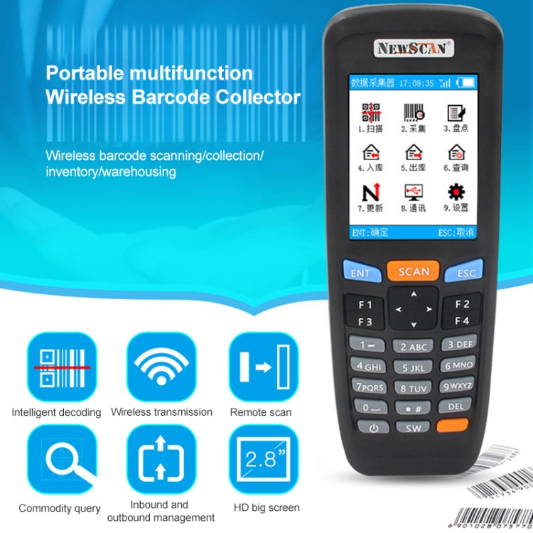 Handheld wireless 2D barcode scanner with keypad, screen, and orange SCAN button