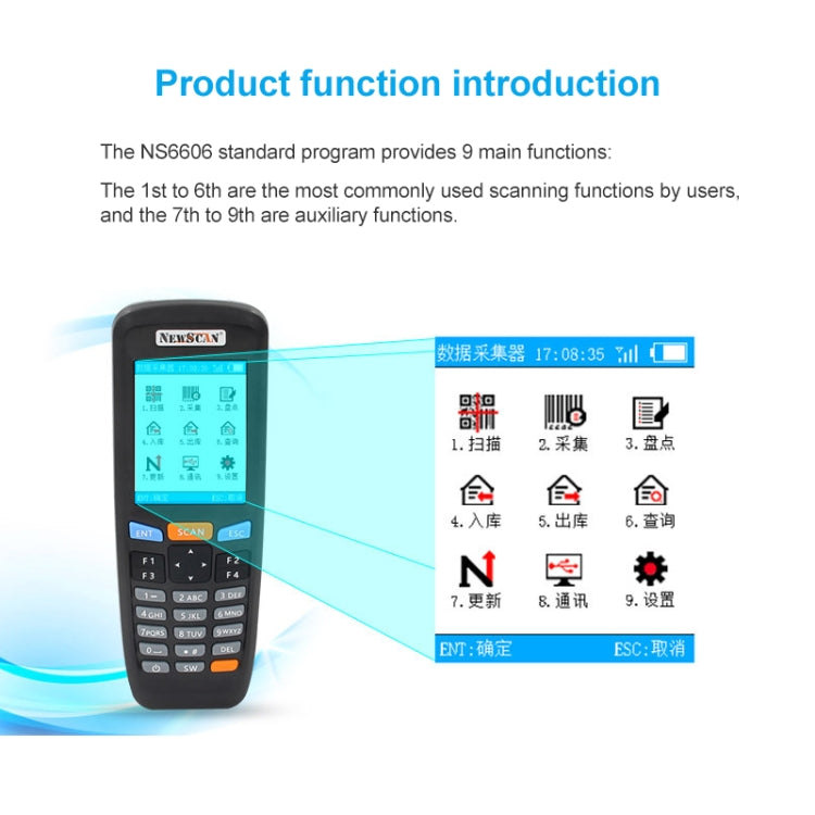 Handheld wireless 2D barcode scanner with screen showing menu and scan controls