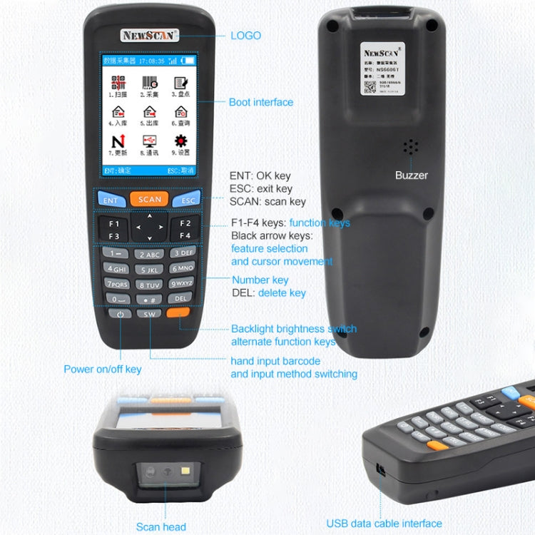 2D barcode scanner showing front keypad and rear housing with USB port and buzzer