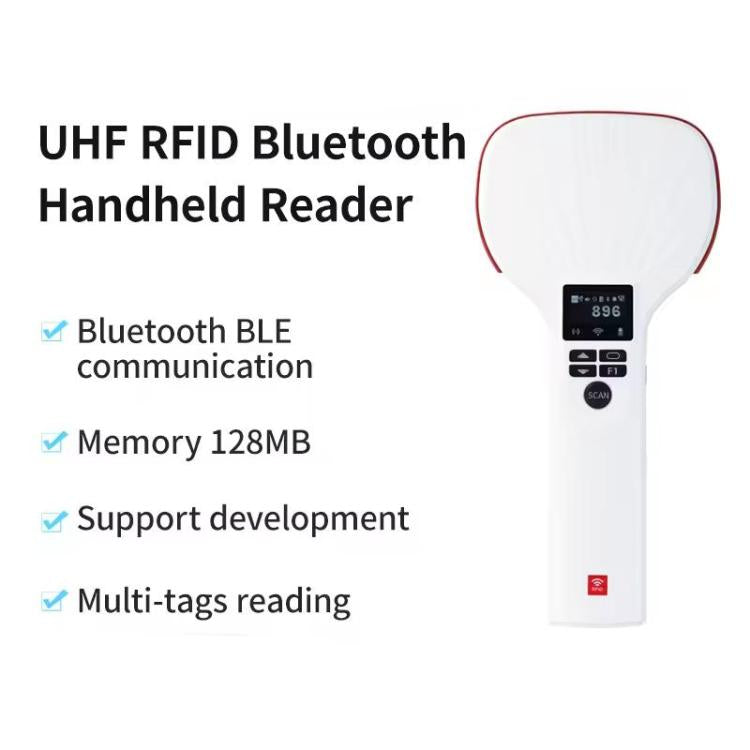 White UHF RFID Bluetooth handheld reader with red rim and built-in screen