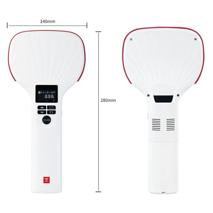 White handheld RFID UHF reader with red trim; front view with size dimensions
