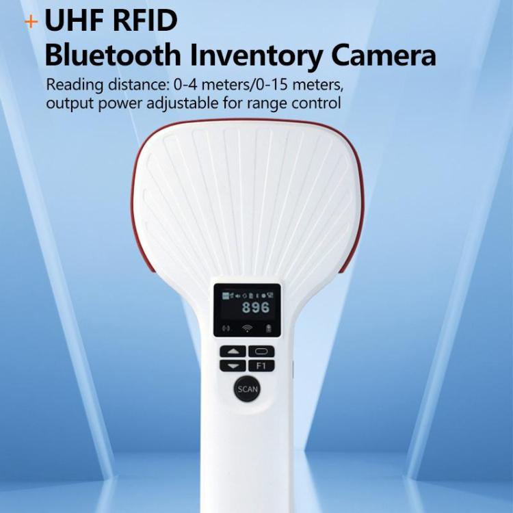 White UHF RFID Bluetooth handheld inventory camera style reader with red-ring head