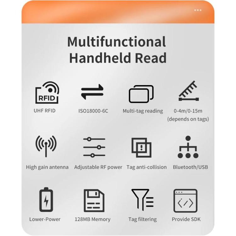 Multifunction handheld RFID reader device with label-free white body and screen