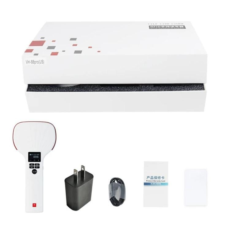 Handheld UHF RFID reader kit with power adapter, cable, and accessory cards