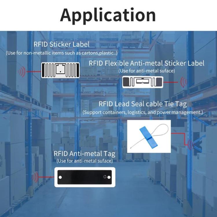 RFID label application graphic with flexible anti-metal sticker and seal cable tag