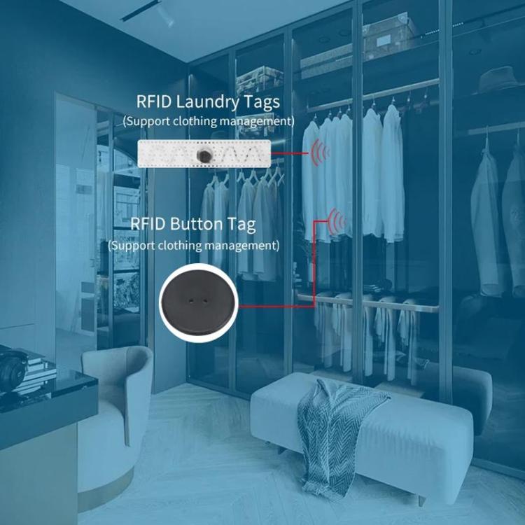 RFID laundry tag graphic with RFID button tag and laundry management tag examples