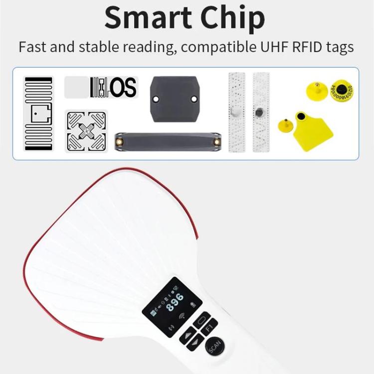 UHF RFID smart chip graphic with handheld reader and compatible tag icons