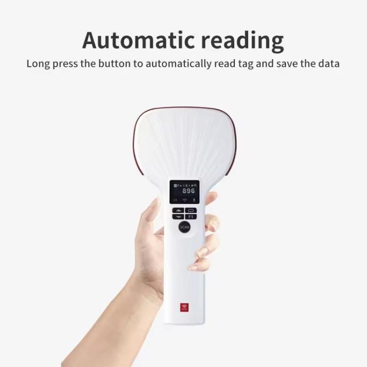 Handheld UHF RFID reader with red trim, button panel, and small display screen