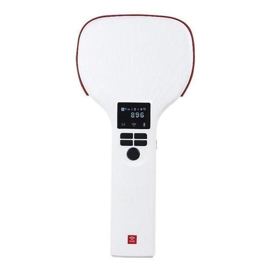 White handheld UHF RFID Bluetooth reader with red trim and large scan button on handle
