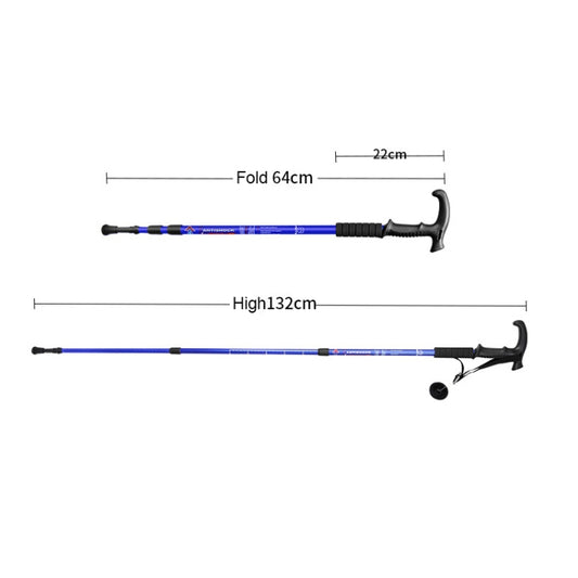 Blue three-section trekking pole with curved handle and adjustable segments
